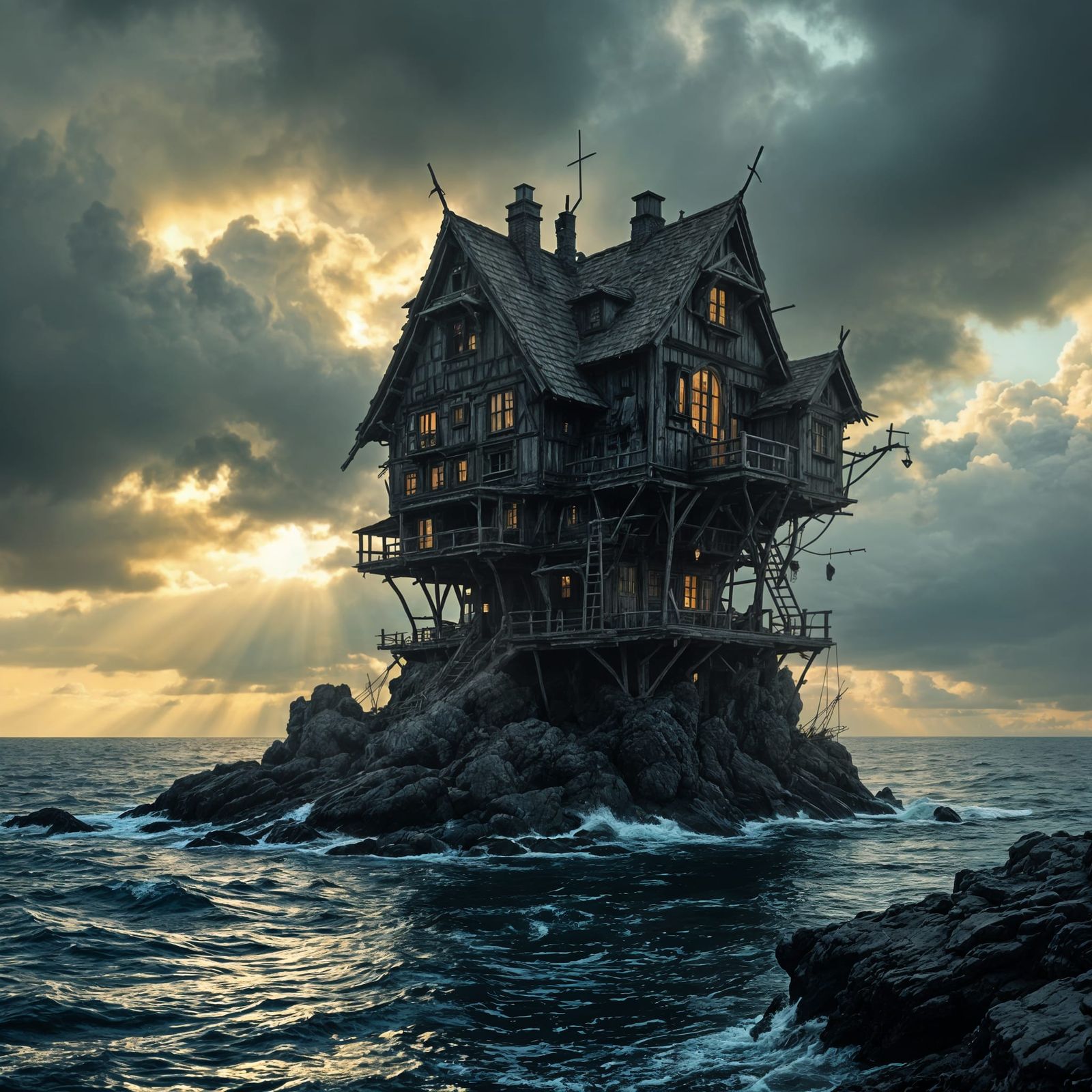 Crooked Viking House on Island in Golden Light