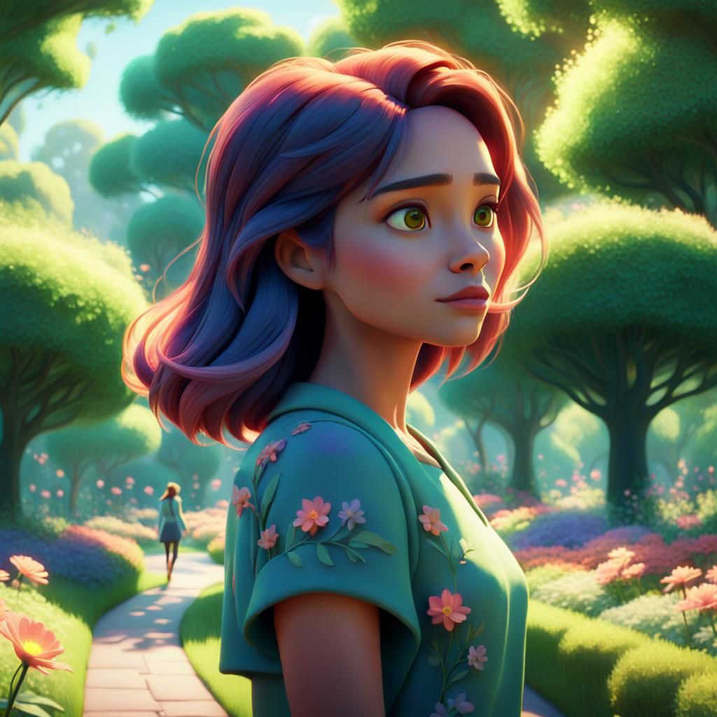 Woman in Serene Park: Pixar-Style Concept Art