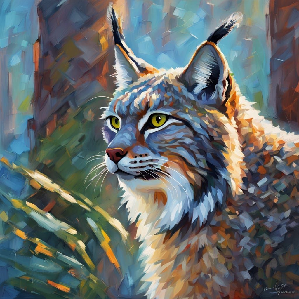 Canadian Lynx in Boreal Forest - Expressionist Oil Painting