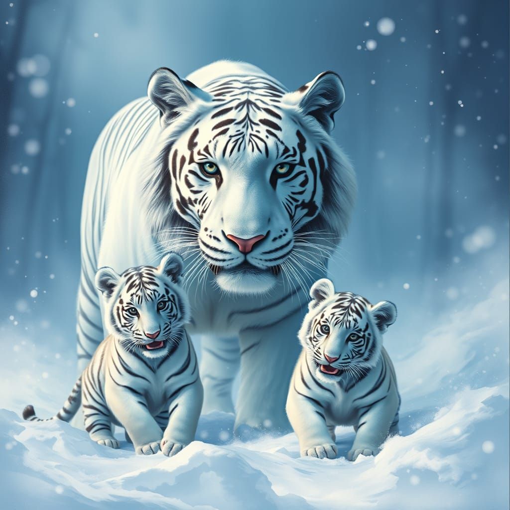White Tiger Family in Snowy Blue Landscape