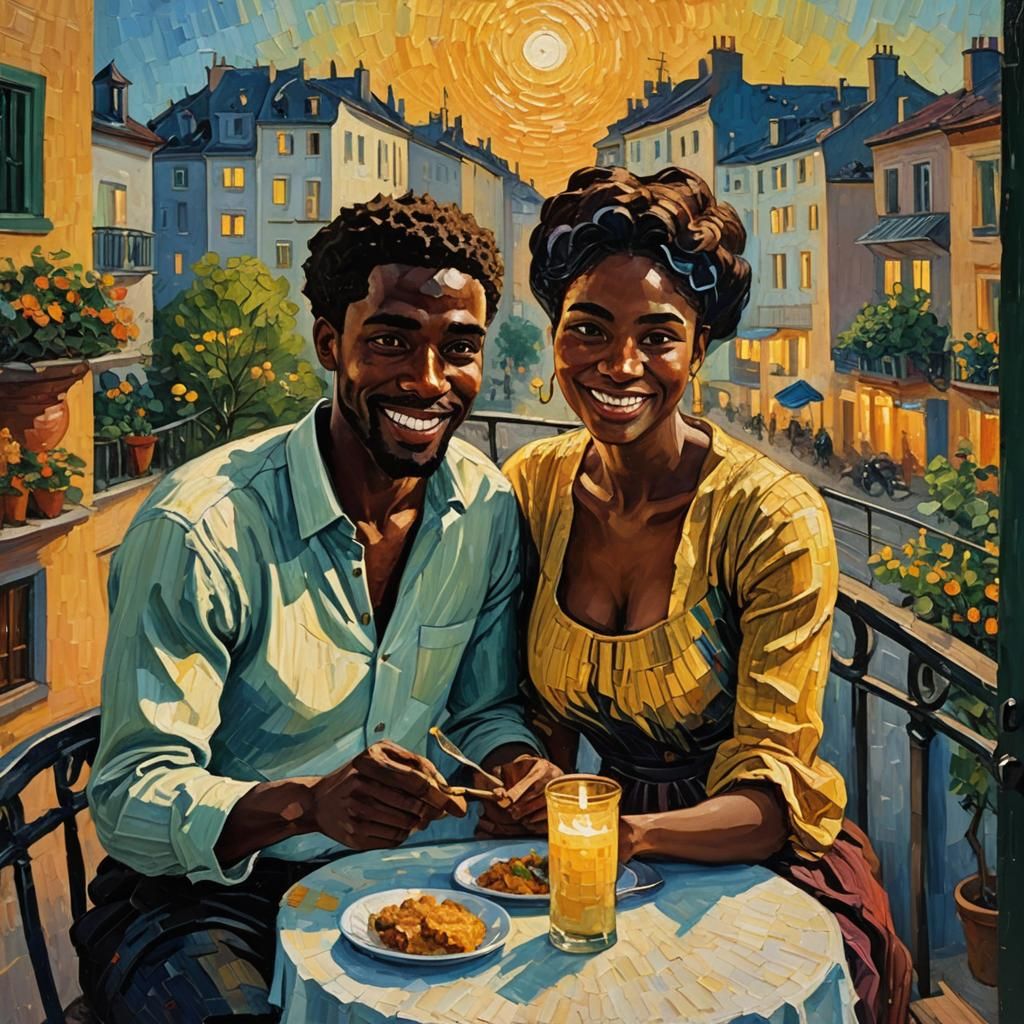 Romantic Balcony Dinner in Neo-Impressionist Style