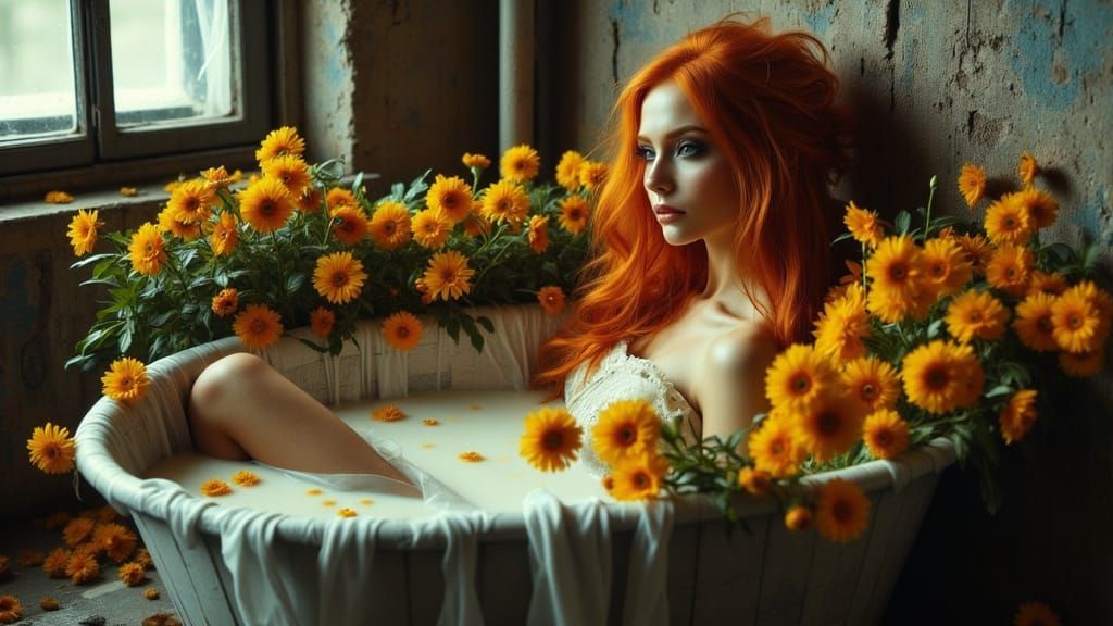 Pale Woman With Ginger Hair Bathing In Flowers