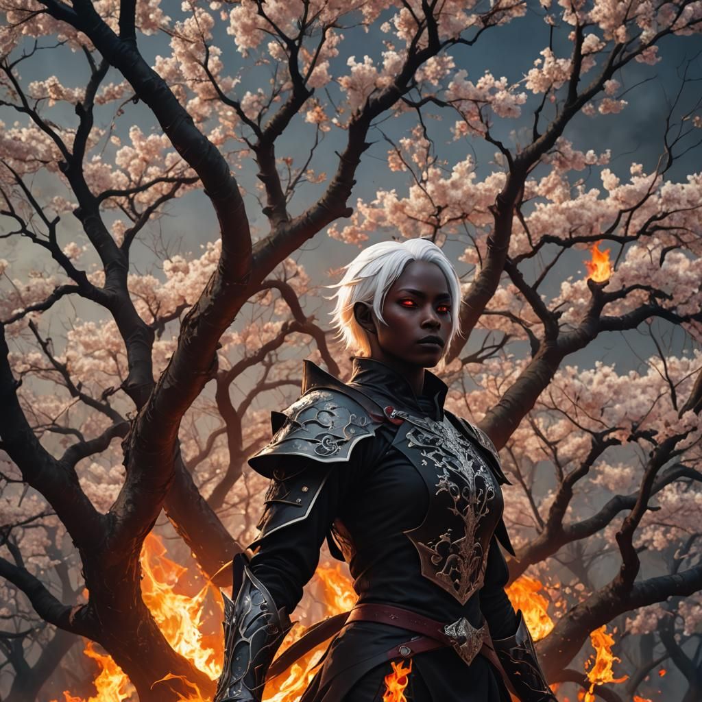 Drow in Front of Burning Sakura Tree