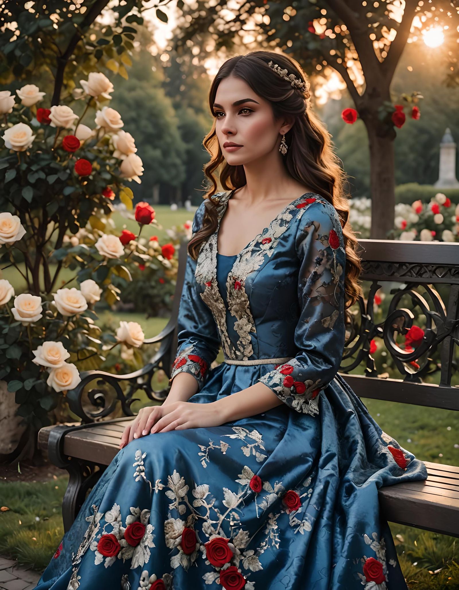 Brunette in Blue Gown at Sunset