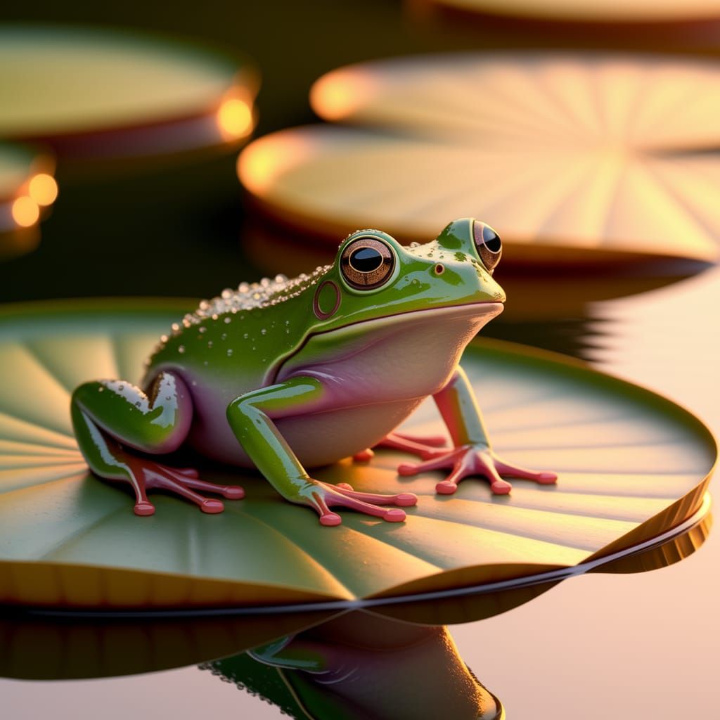 Startled Frog on Lily Pad at Golden Sunset