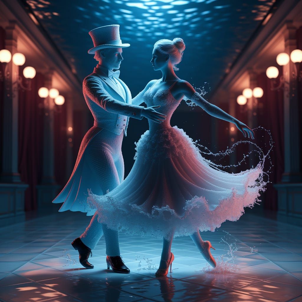 Ethereal Couple Dances on Shimmering Water Floor