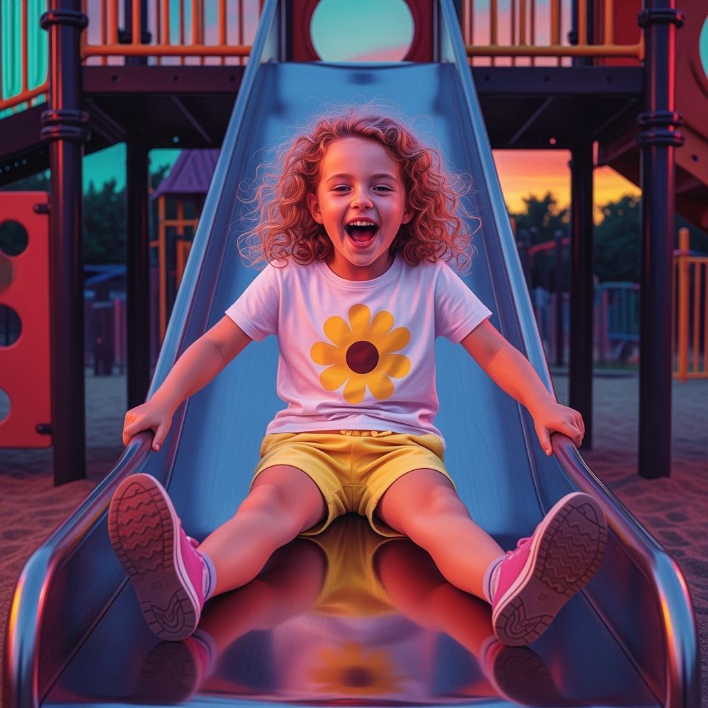 Girl on Playground Slide in Photorealistic Style
