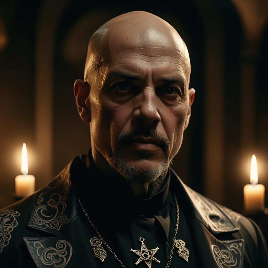 Satanic Priest Portrait with Intricate Tattoos in Dark Fanta...