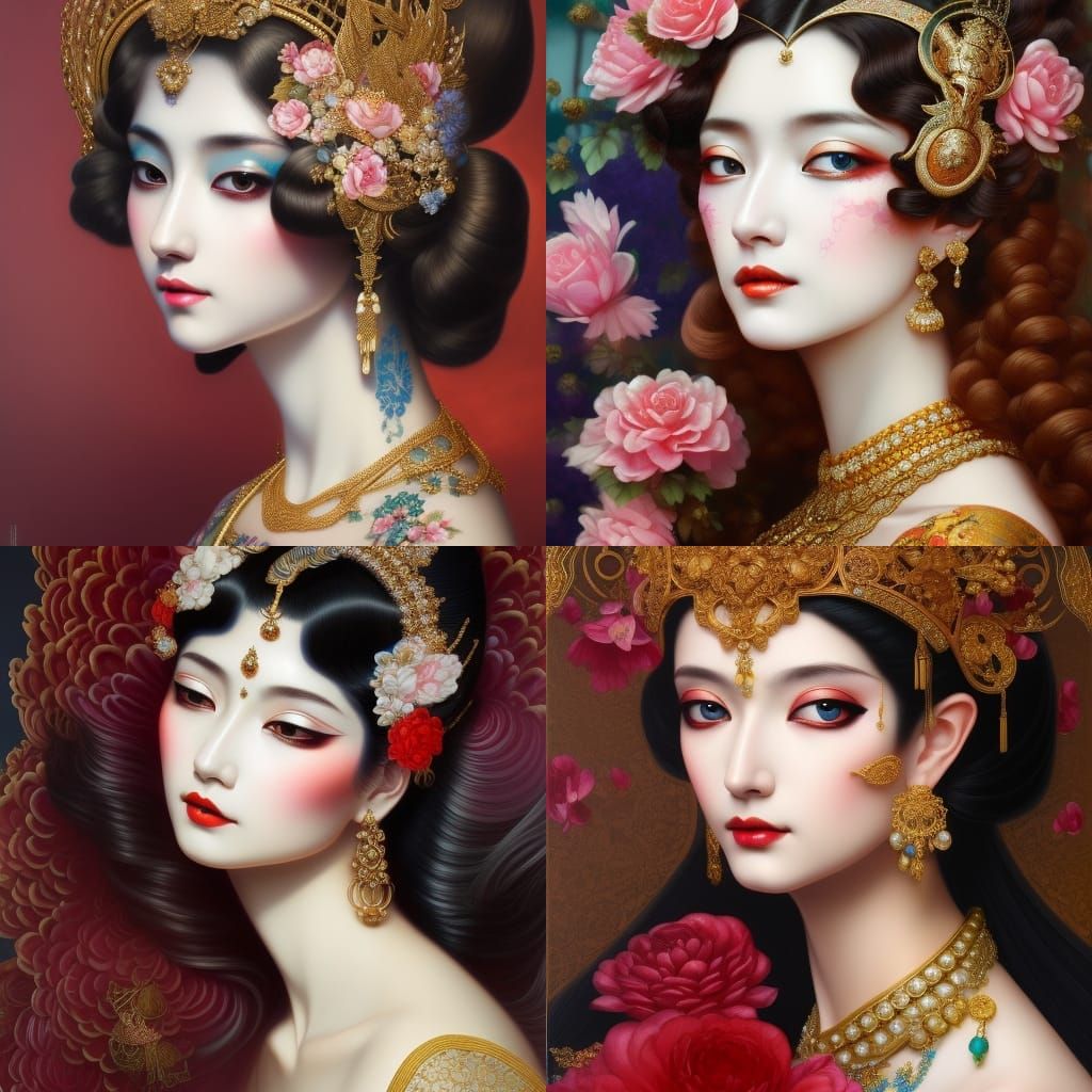 Retro Girl in Lace Dress as Ukiyo-e Illustration