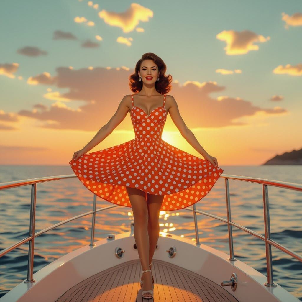 Vintage Pin-Up Girl on Yacht at Sunset