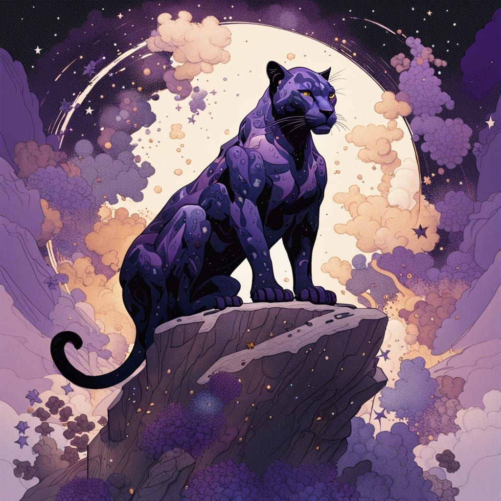 Panther on Rock with Purple Explosions, Digital Art