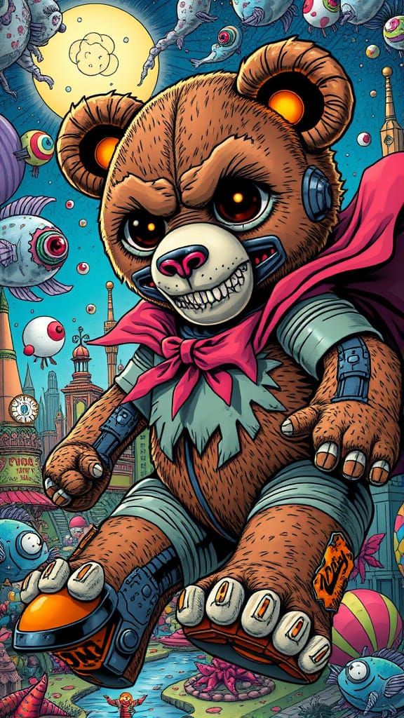 Cyborg Teddy Bear Attacks Surreal Cartoon City