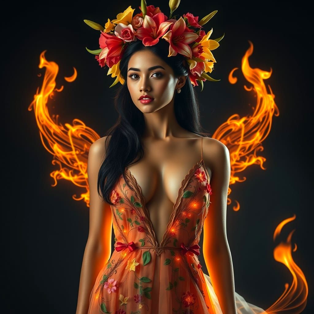 Floral Flame Woman Against Ethereal Backdrop