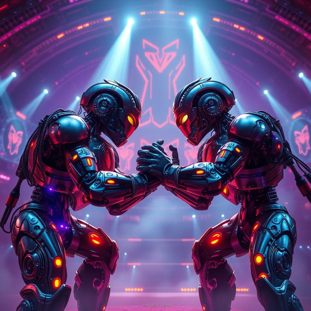 Robots Wrestling in Neon Arena: Digital Matte Painting