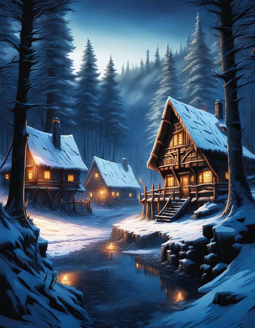 Icy Medieval Lumber Village in Anime Style