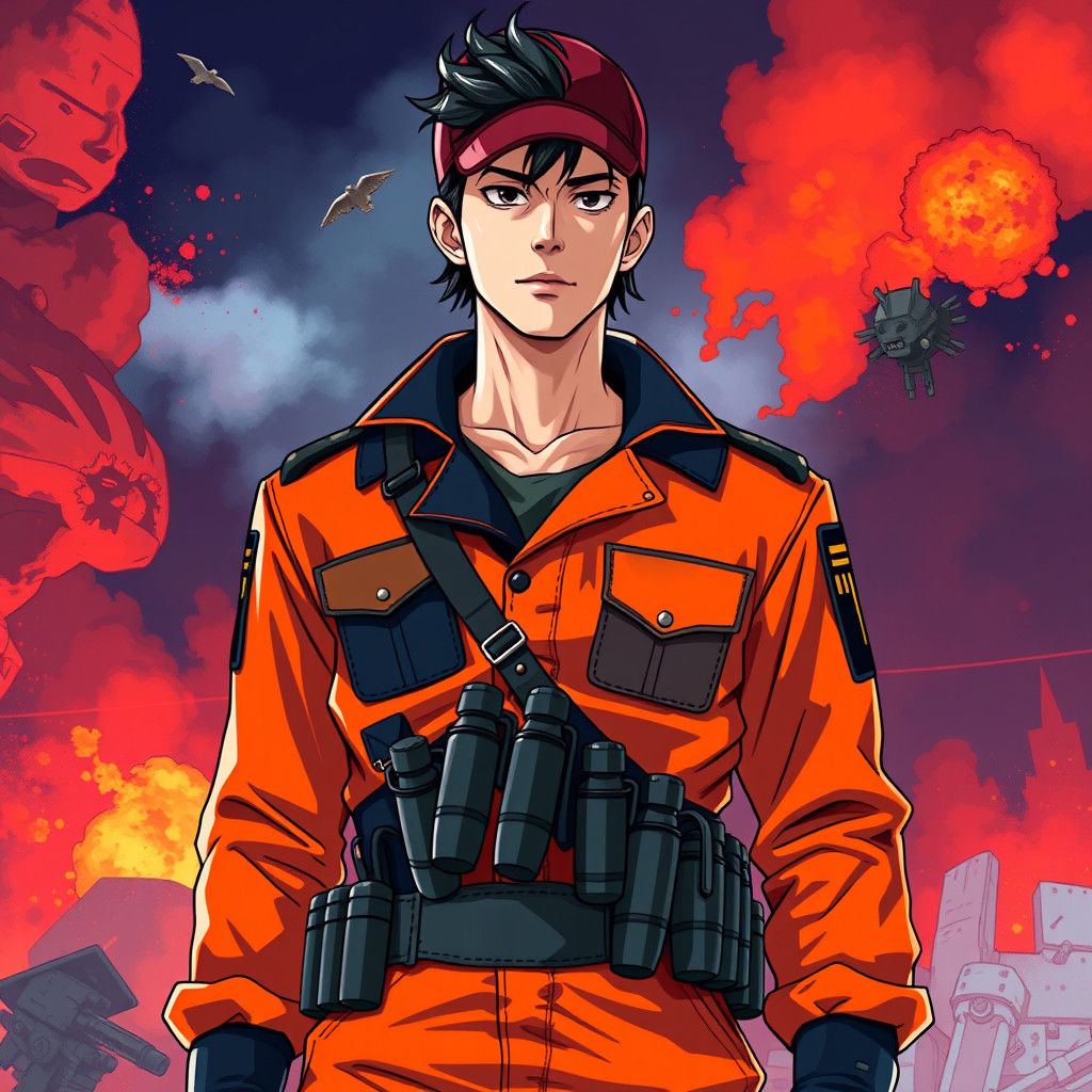 Man in Orange and Navy Uniform, Manga Style