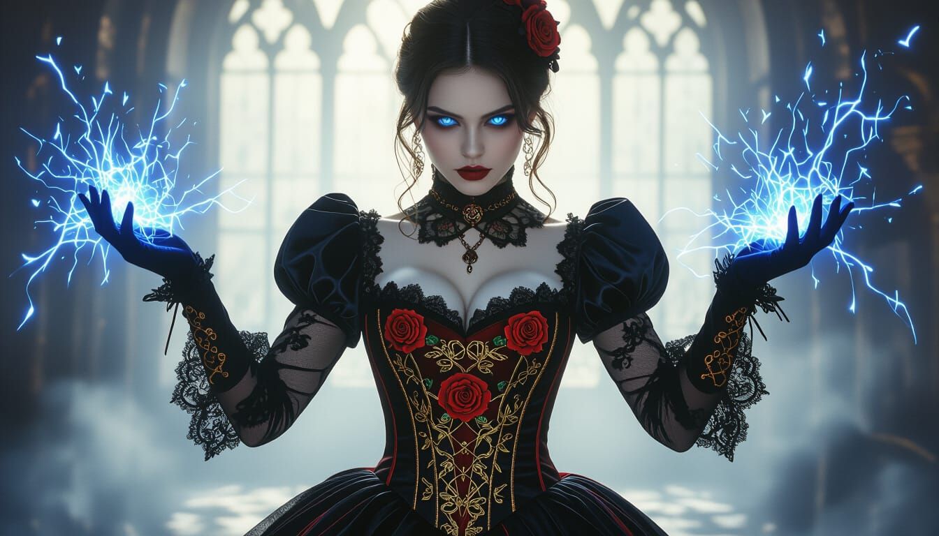 Vampire in Gothic Cathedral with Blue Fire Sparks