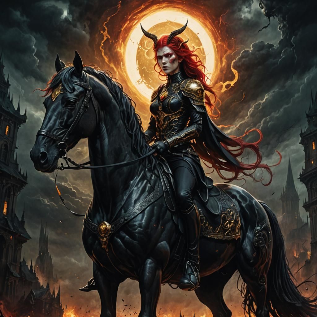 Makima Rides a Black Horse in Dark Fantasy Style