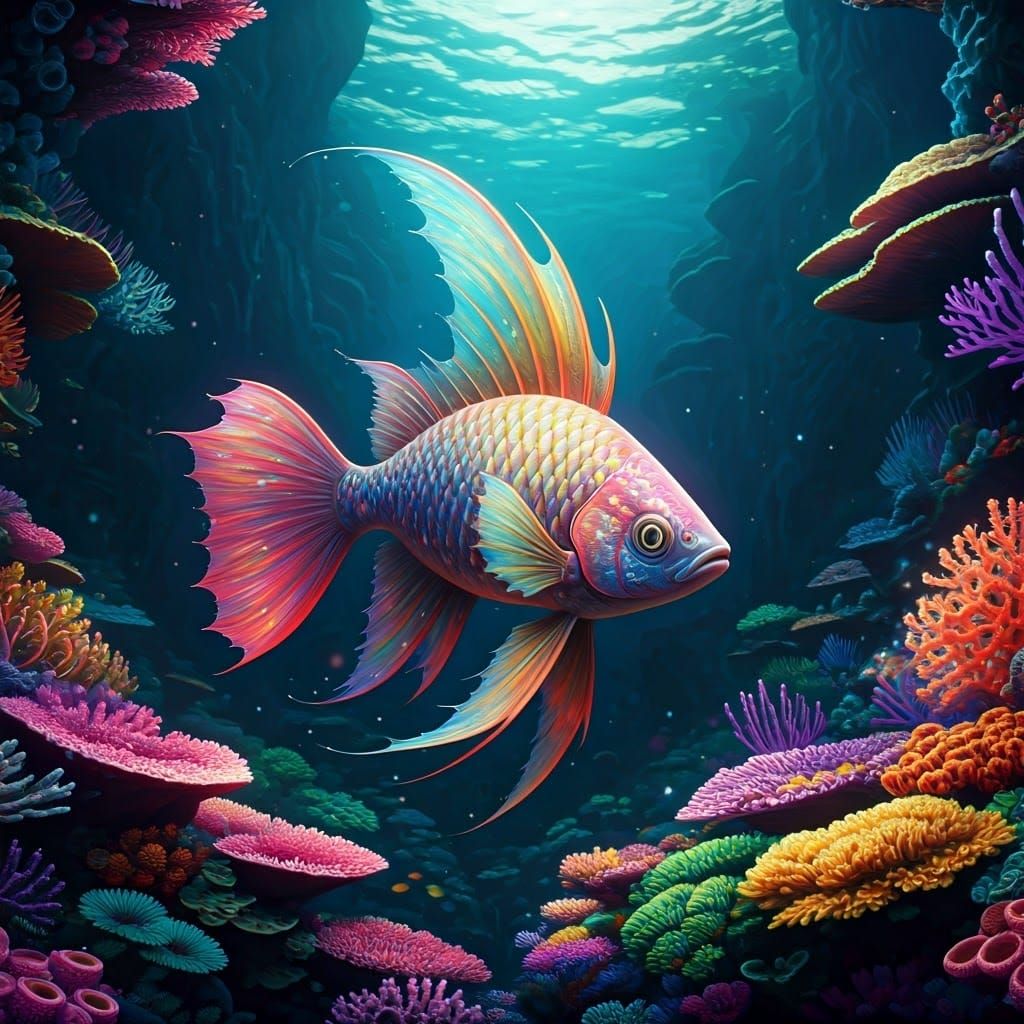 Glowing Fantasy Fish in Colorful Coral Reef