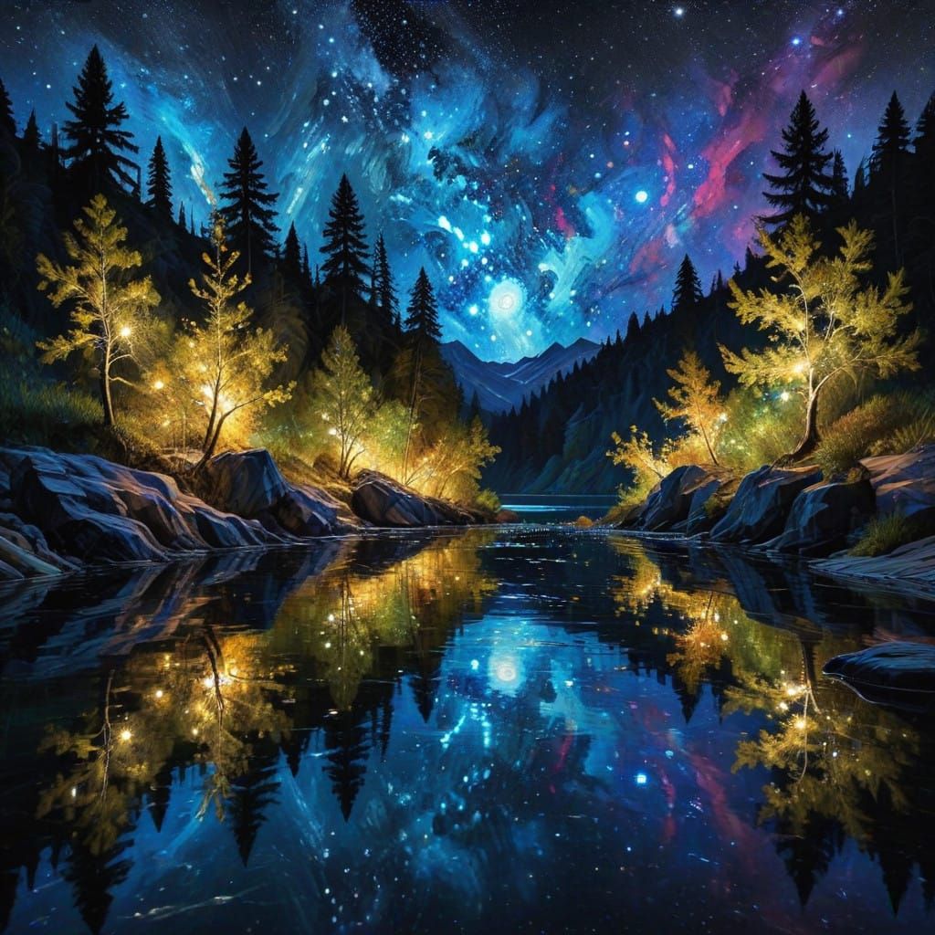 Impasto Cascade Hallucination, flowing paint, reflections of stars in lake