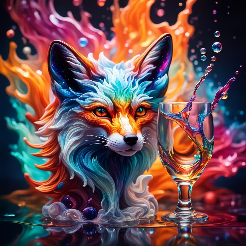 Glass Fox in Hyperrealistic Splash Art