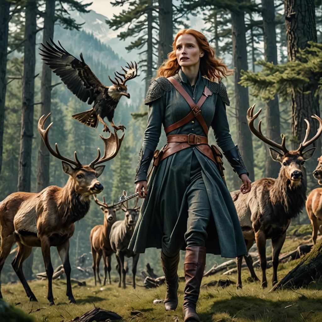 Jessica Chastain as Huntress in Medieval Scene