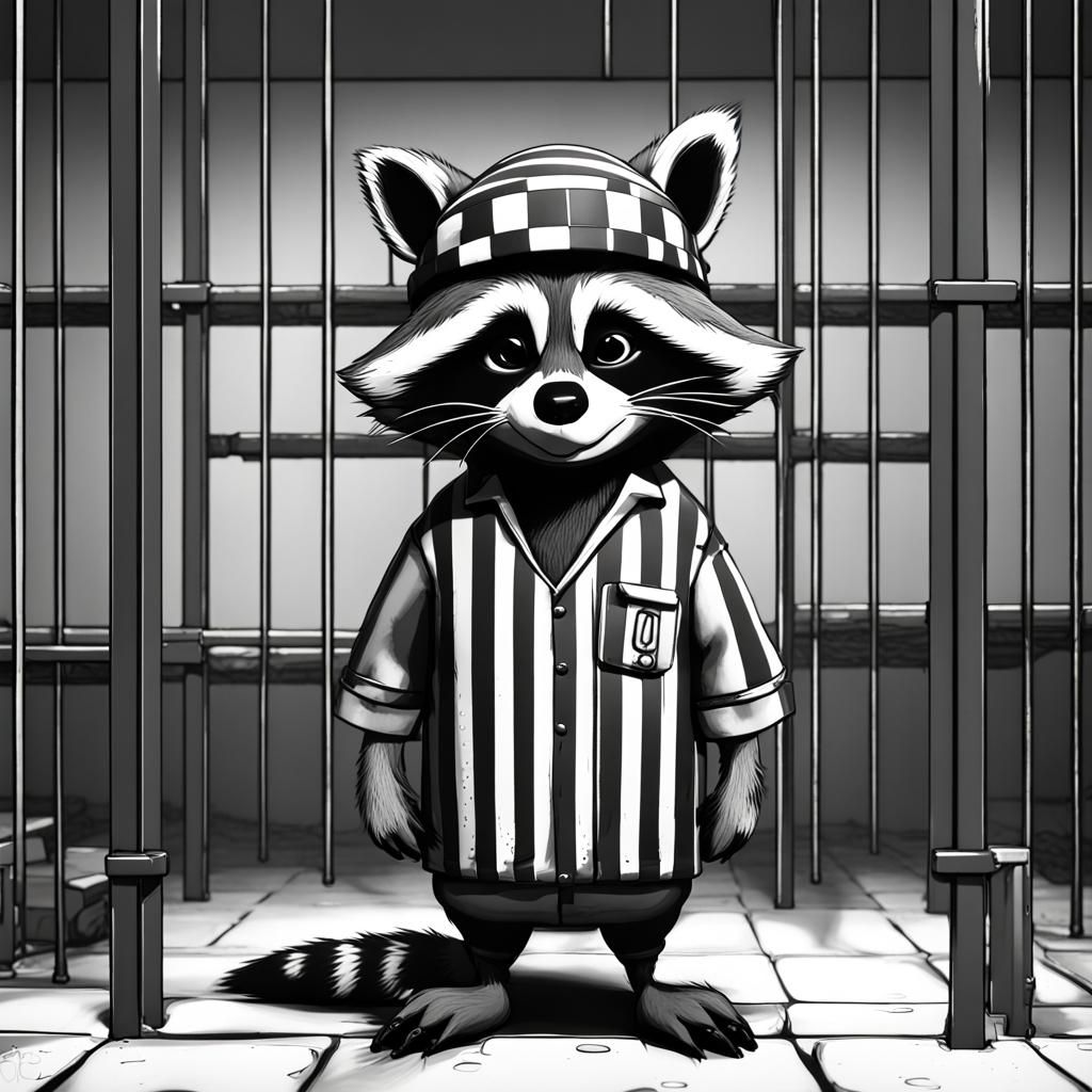 Cartoon Raccoon Prisoner in Black and White