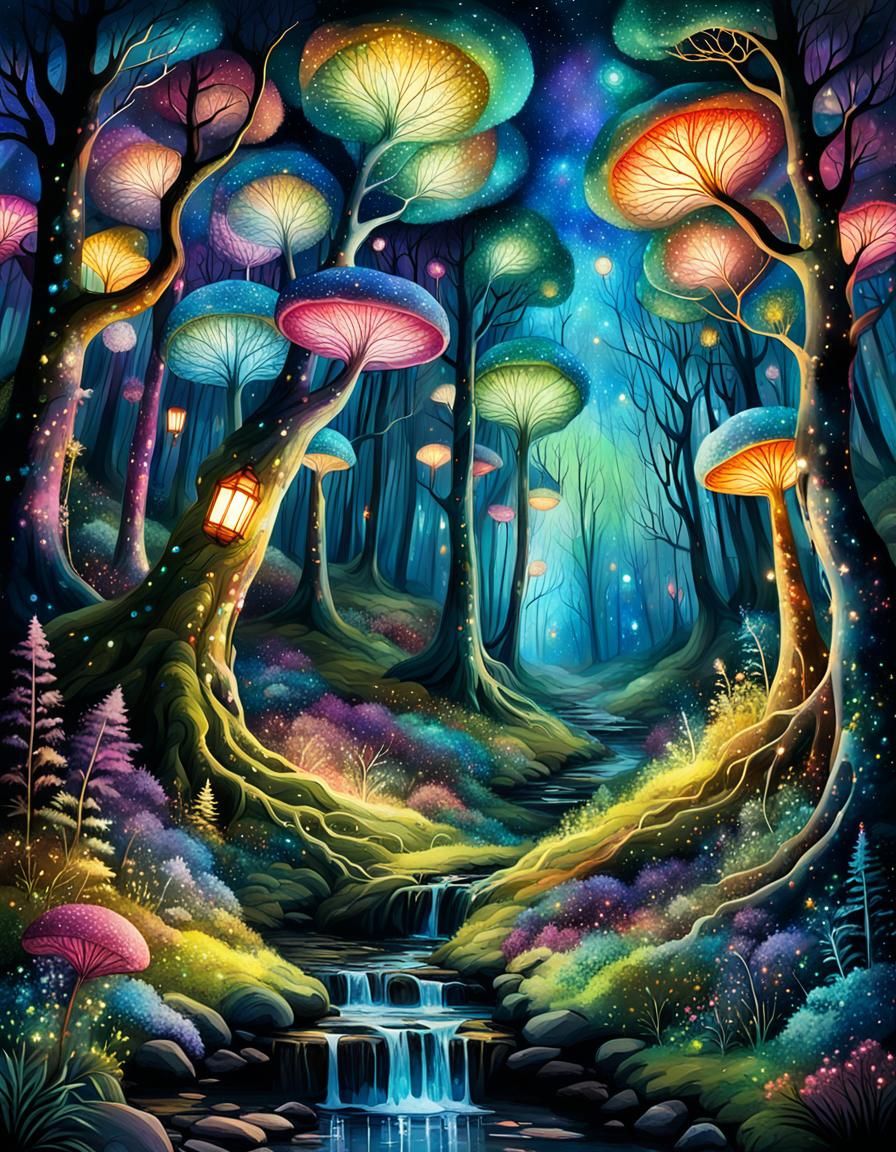 Glowing Enchanted Forest with Magical Lights