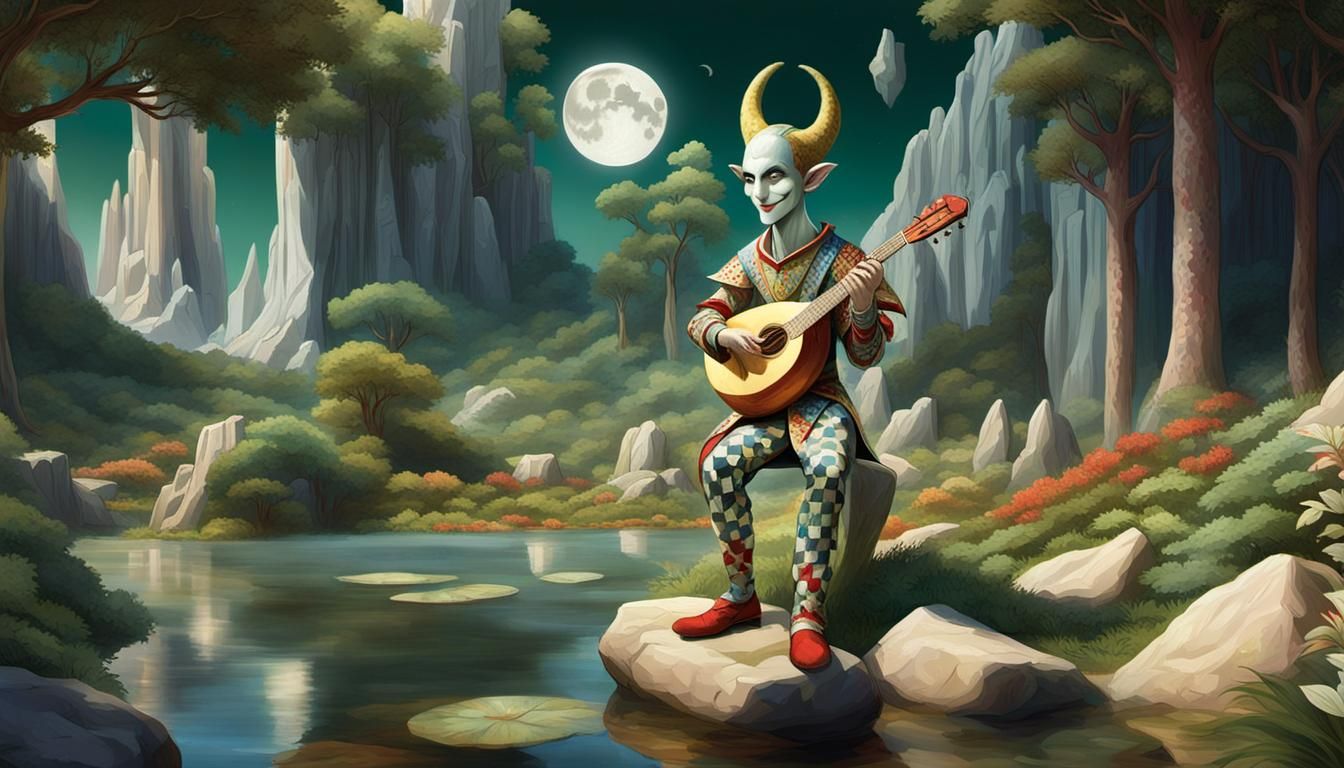 Whimsical Harlequin in Fanciful Woodland Scene