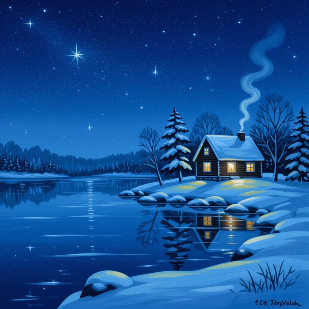 Winter Night: Starry Sky Over Frozen Lake and Cozy Cabin