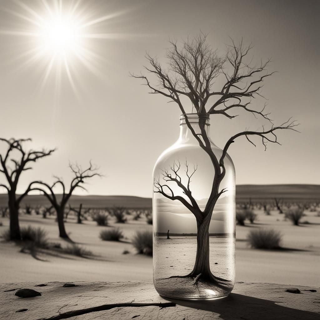 Desolate Tree Seen Through Glass Bottle: Conceptual Art
