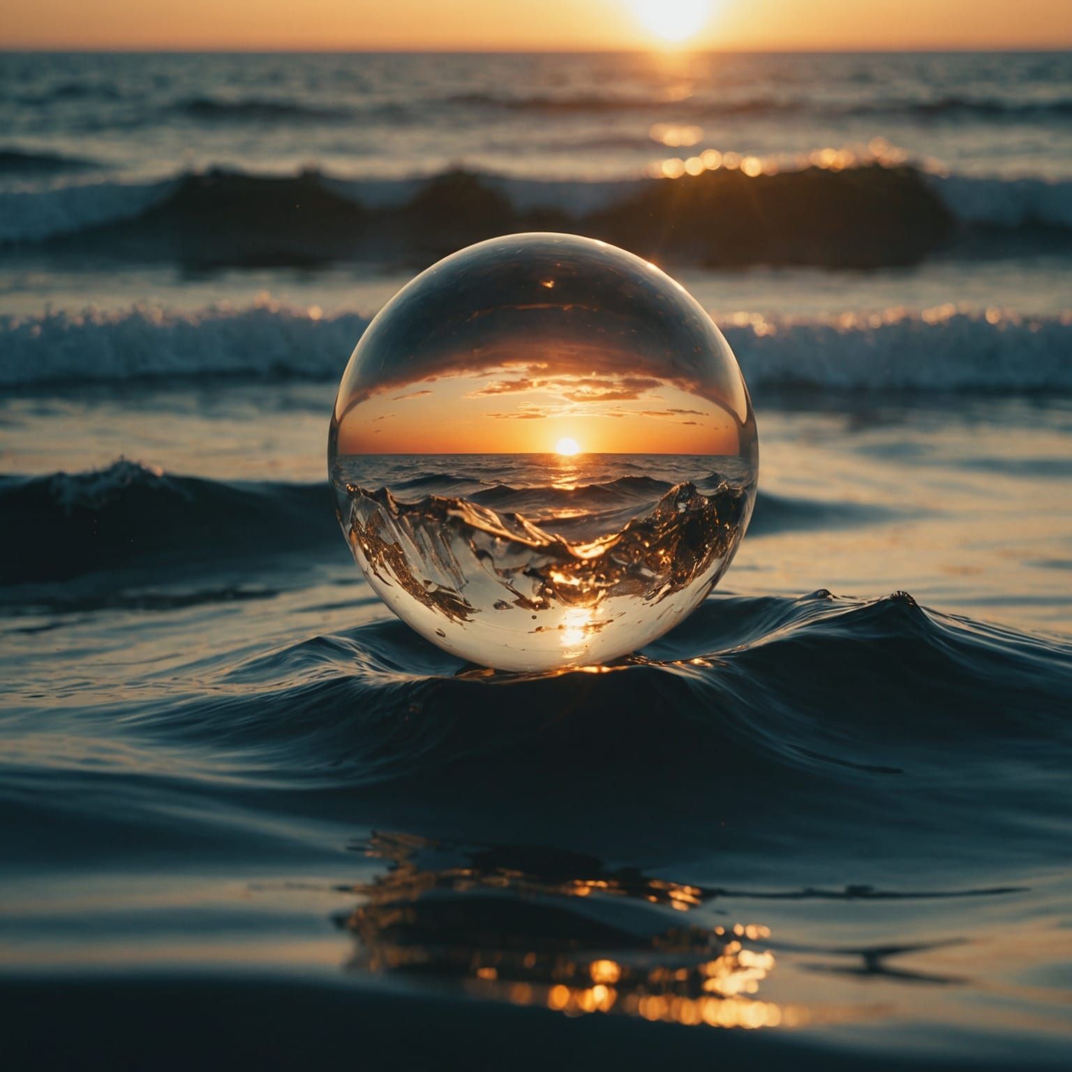 Crystal Sphere Reflects Golden Hour on Ocean