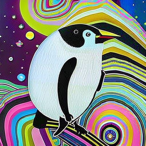 Psychedelic Digital Art of a Whimsical Penguin