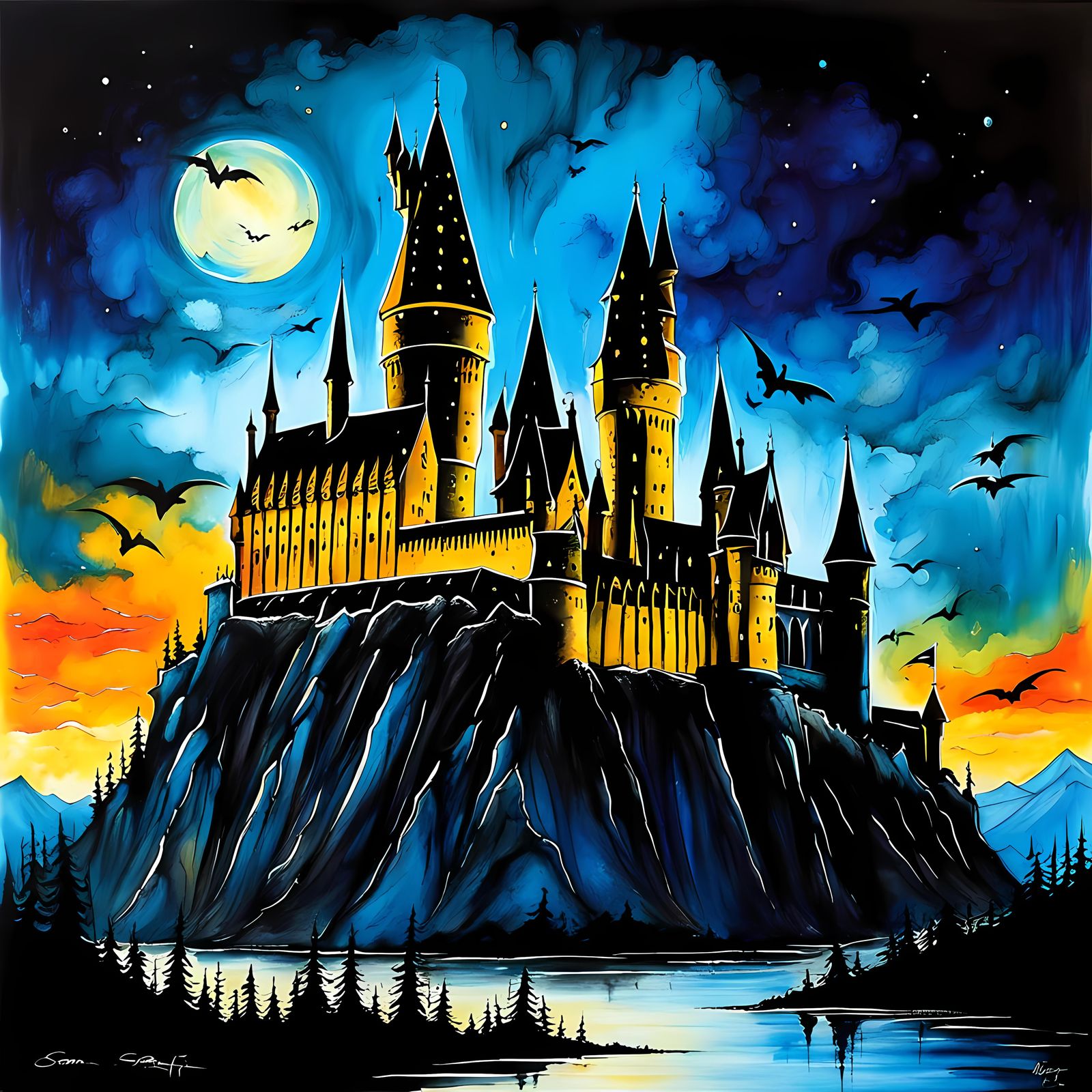 Cel-Shaded Hogwarts Castle in Twilight Shadows