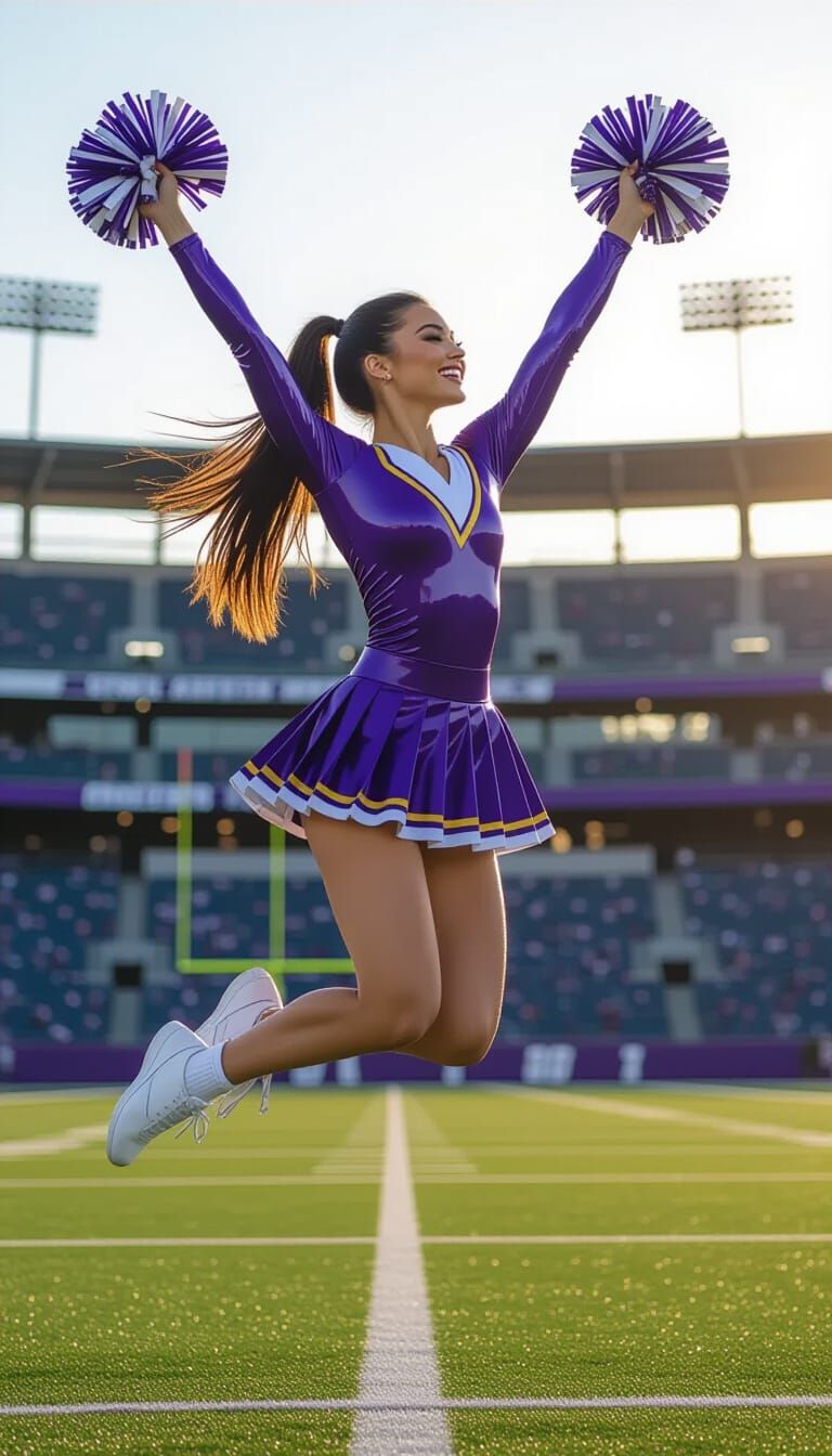 Cheerleader Jumps High in Empty Stadium at Sunset