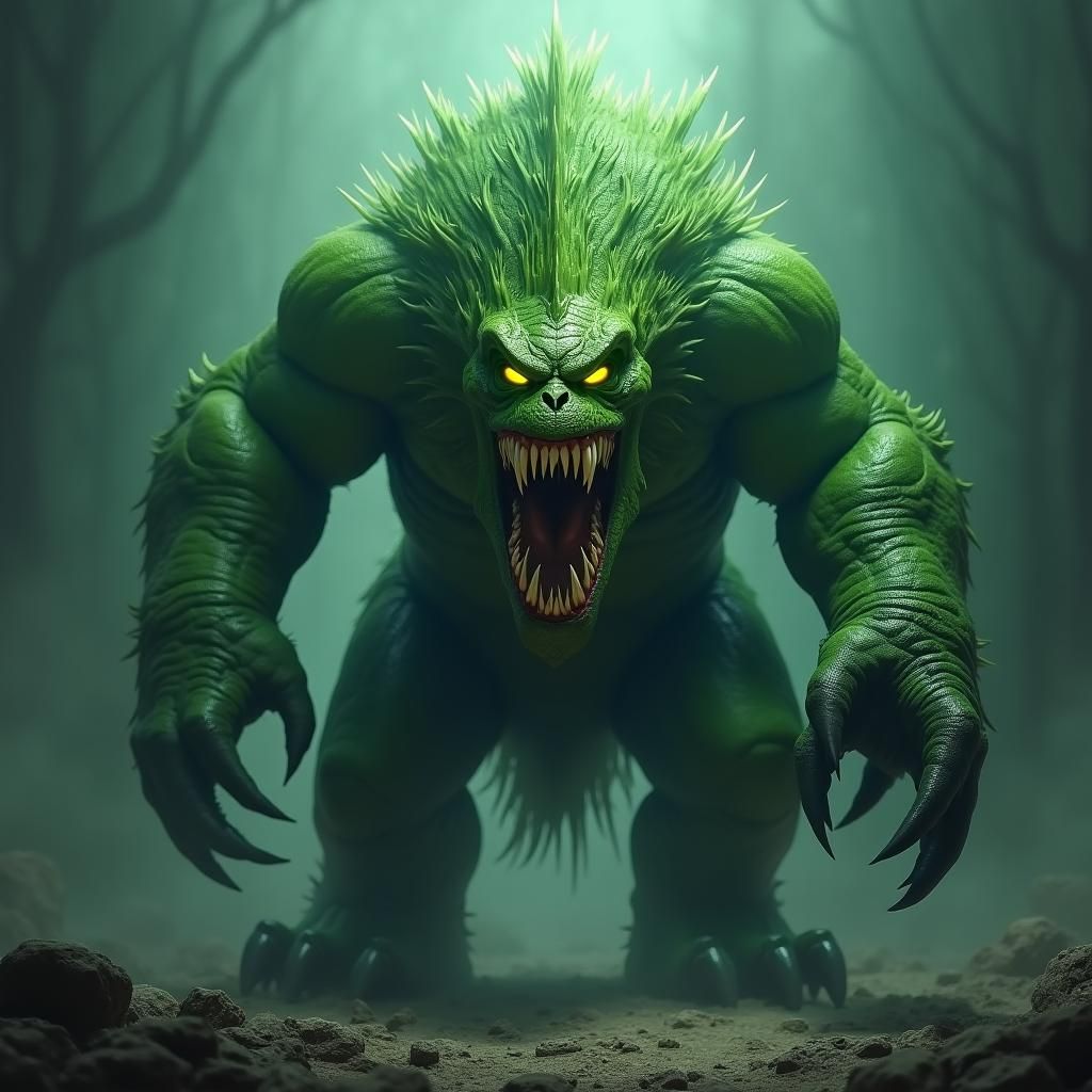 Menacing Green Monster in Misty Dark Environment