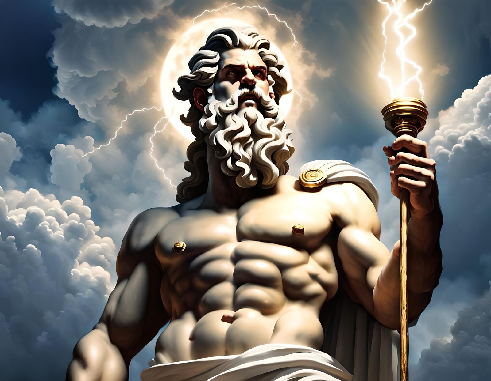 Greek God Zeus holding lighting rod in his hand and peering ...