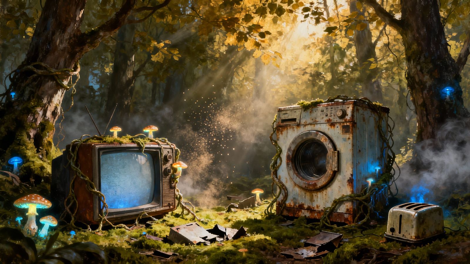 Surrealist Oil Painting of Appliances in an Enchanted Forest