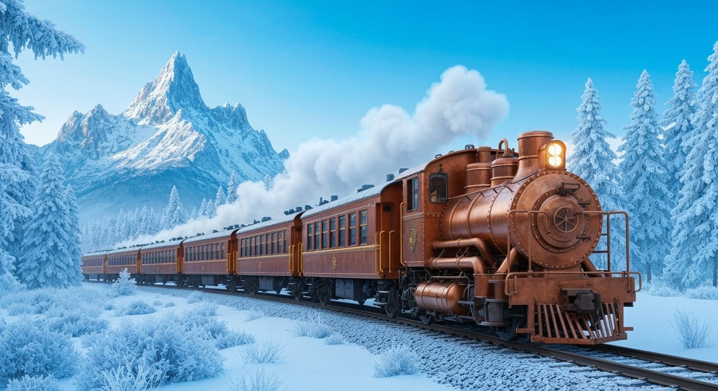 Steampunk Copper Train in Icy Winter Landscape