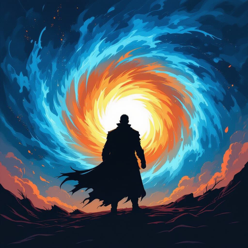 Figure Silhouetted Against Energy Vortex in Bold Graphic Sty...