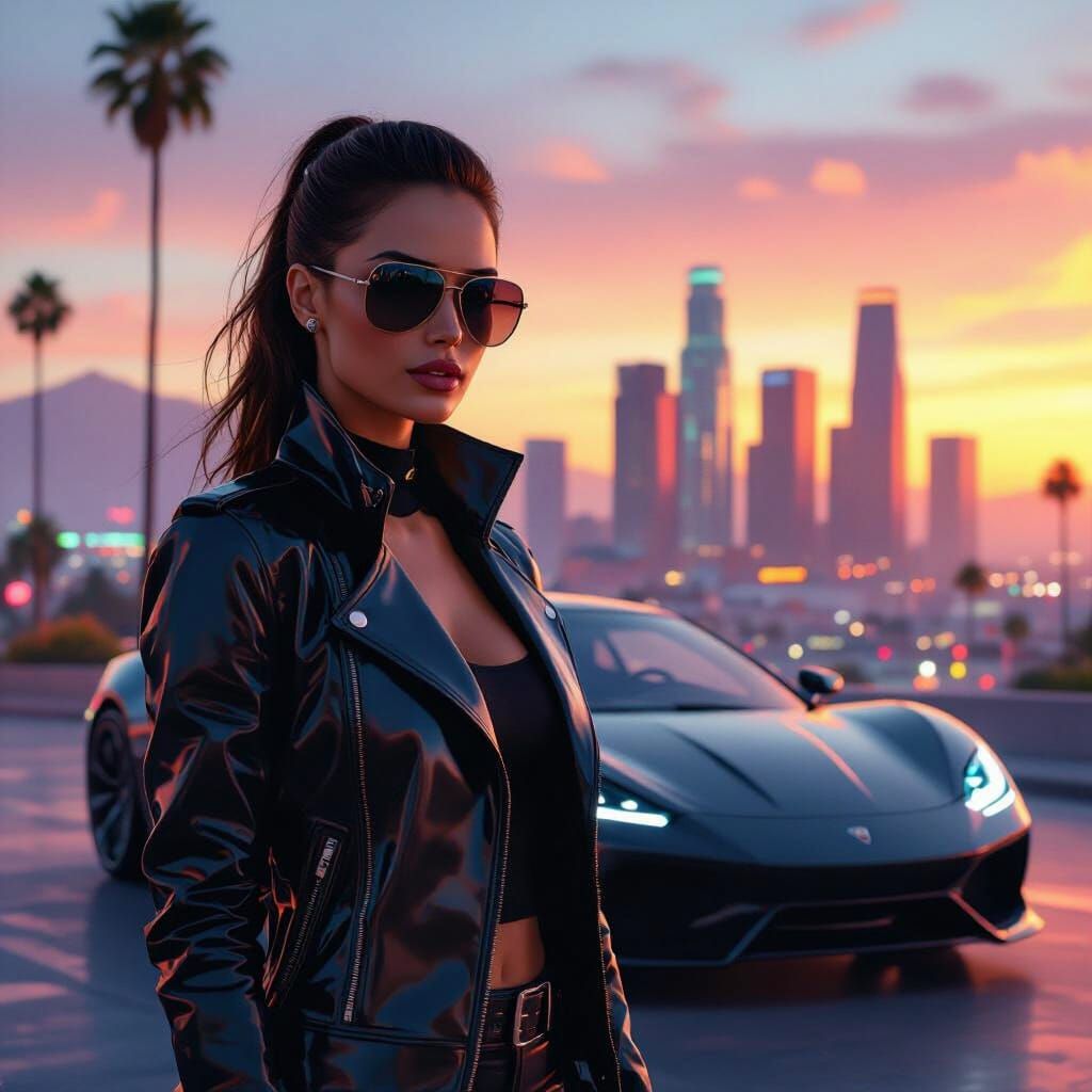 Woman in Cyberpunk Cityscape with Sports Car