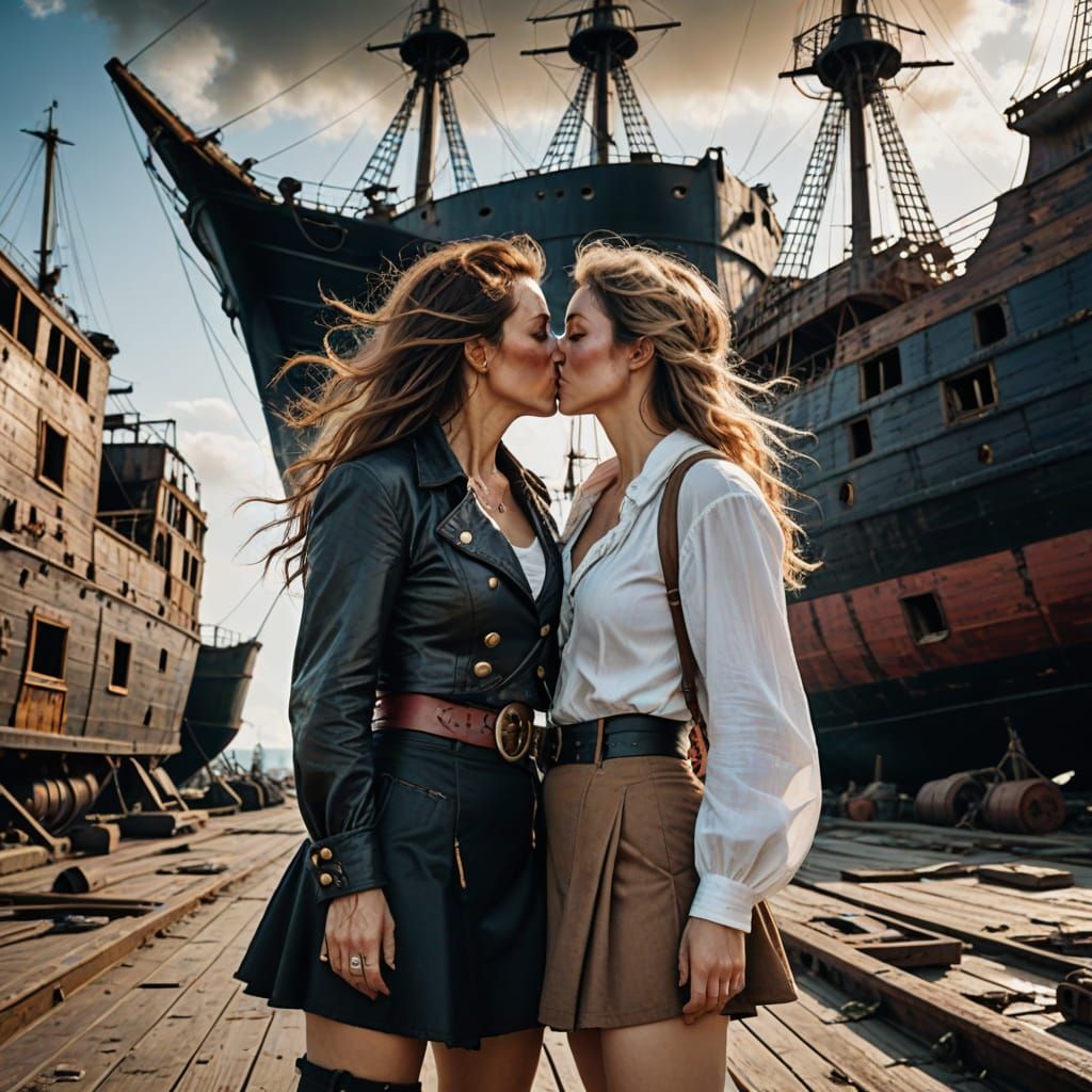 Sensual Pirate Port Scene with Two Women in Abandoned Shipya...