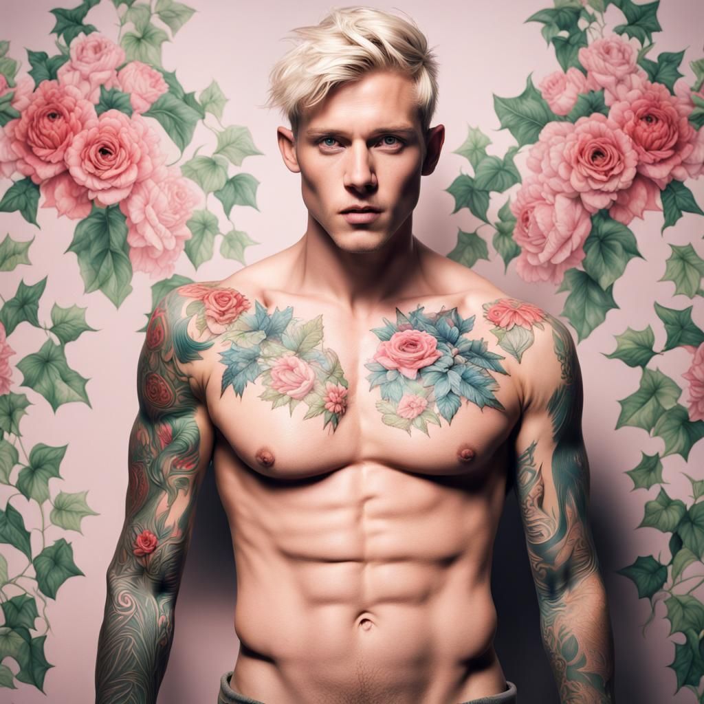 Tattooed Man in T-Pose, Hyperrealistic Style