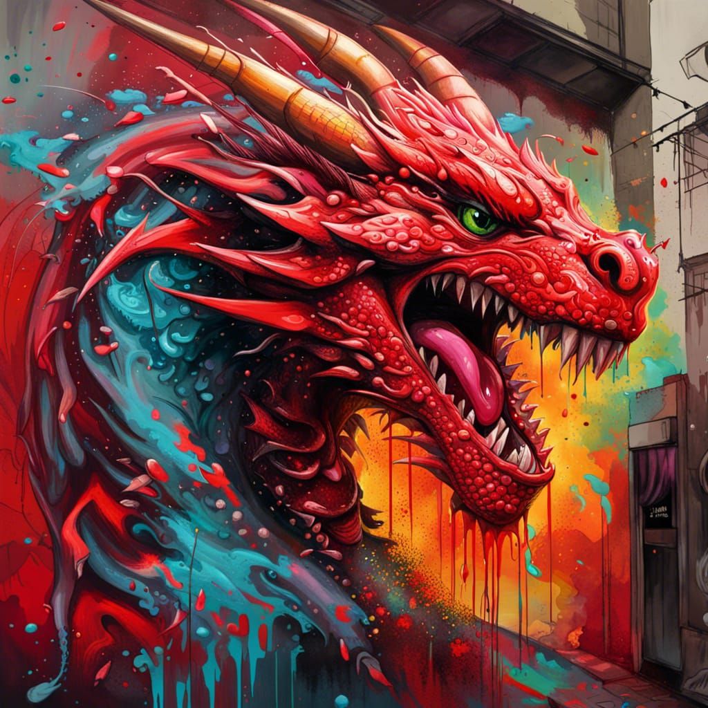 Red Dragon Attack in Graffiti Art Style