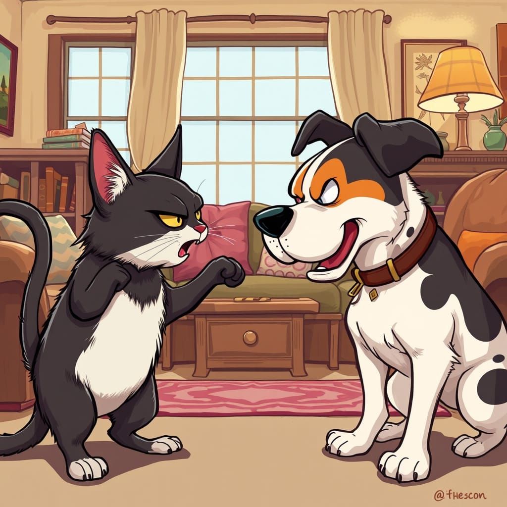 Cat and Dog Standoff in Cozy Living Room