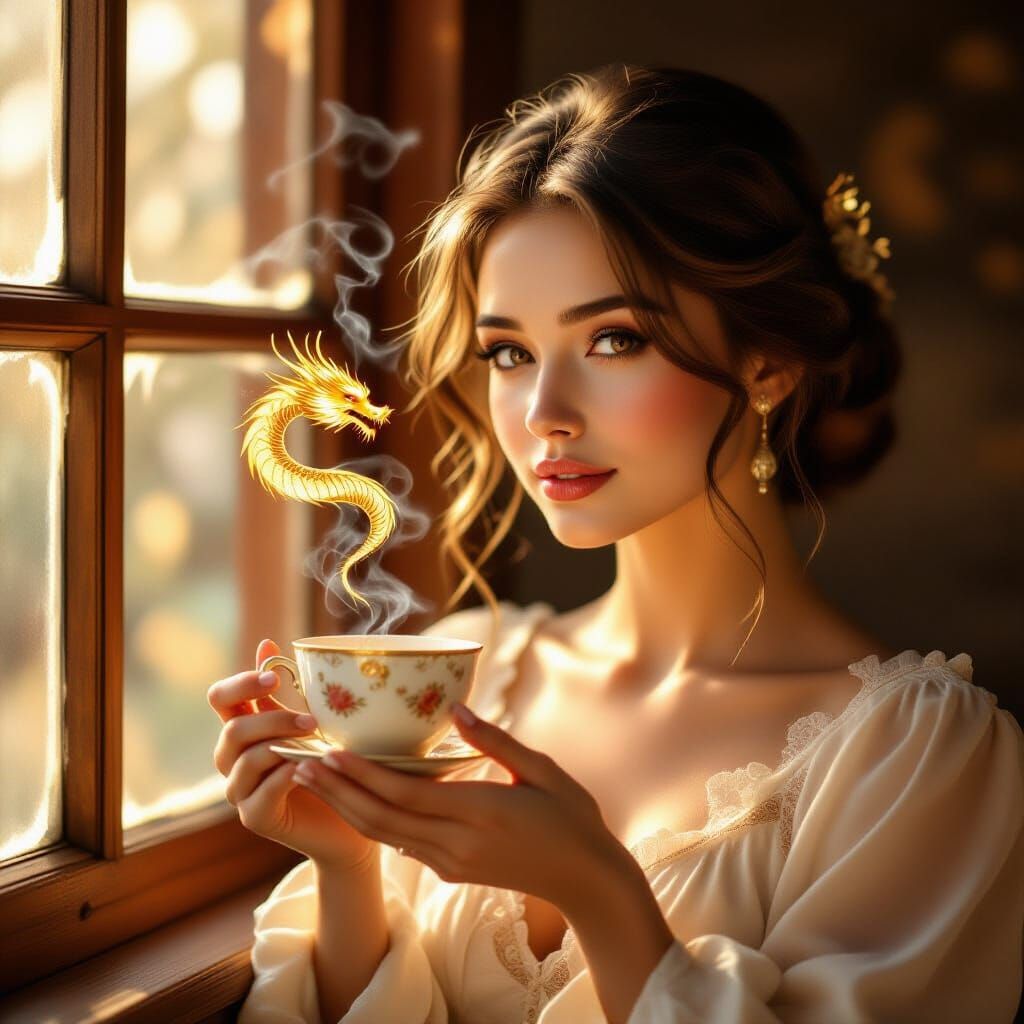 Woman Holding Cup with Vapor Dragon, Golden Amber Tones
