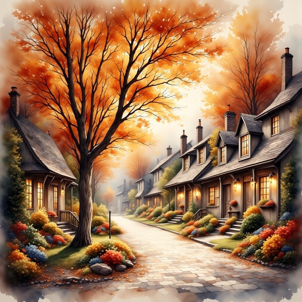 Autumn Village Scene in Watercolor Style