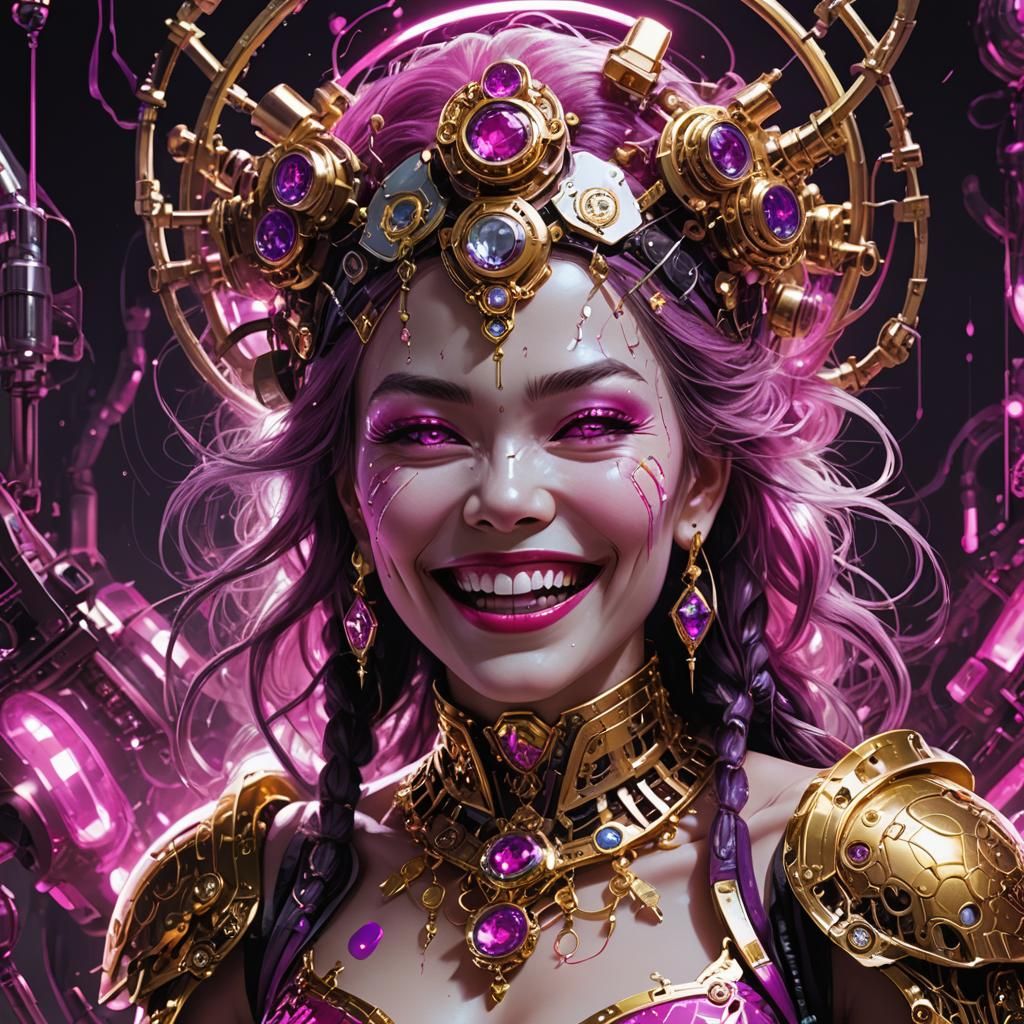 Cyborg Medicine Woman Laughing in Bioluminescent Lab