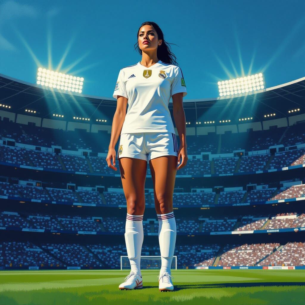 Giantess in Real Madrid Stadium Under Dramatic Lights