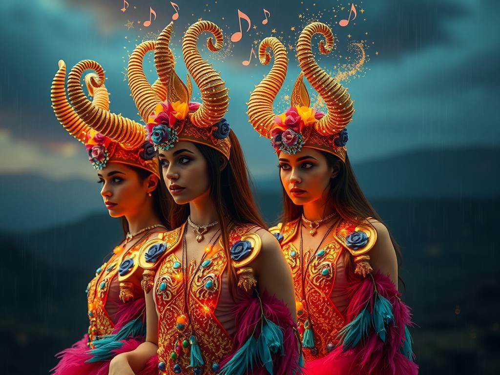 Majestic Horned Figures in a Surreal Landscape